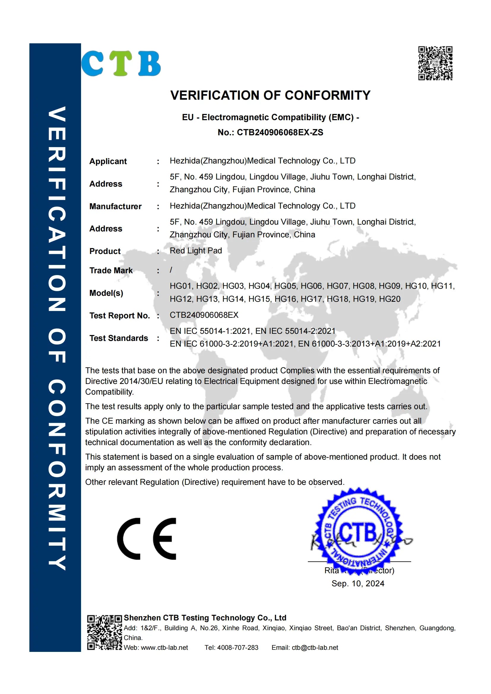 CE certificate for lucears red light therapy pad medical device