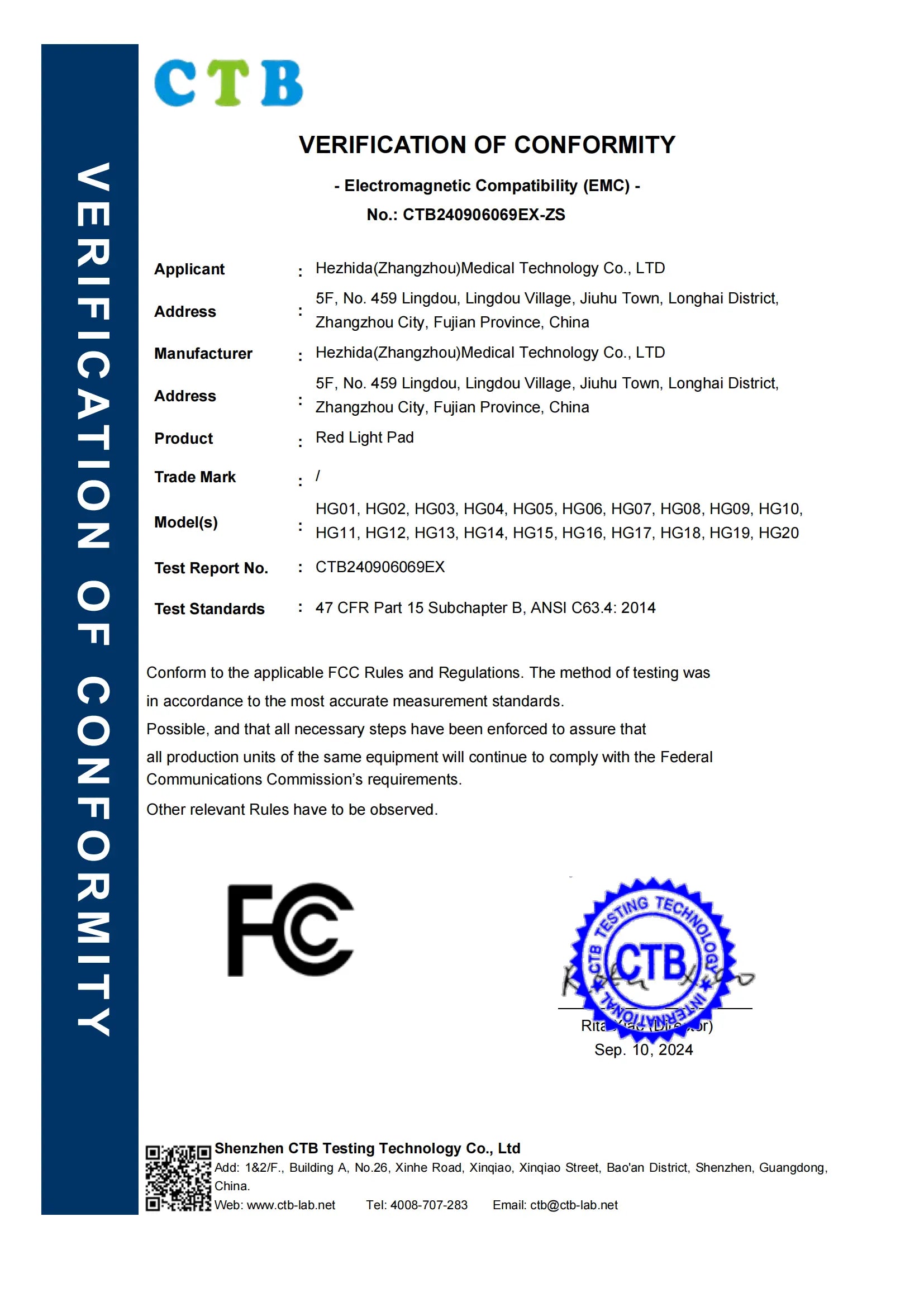 FCC approval document for lucears LED red light therapy pad for home recovery and wellness