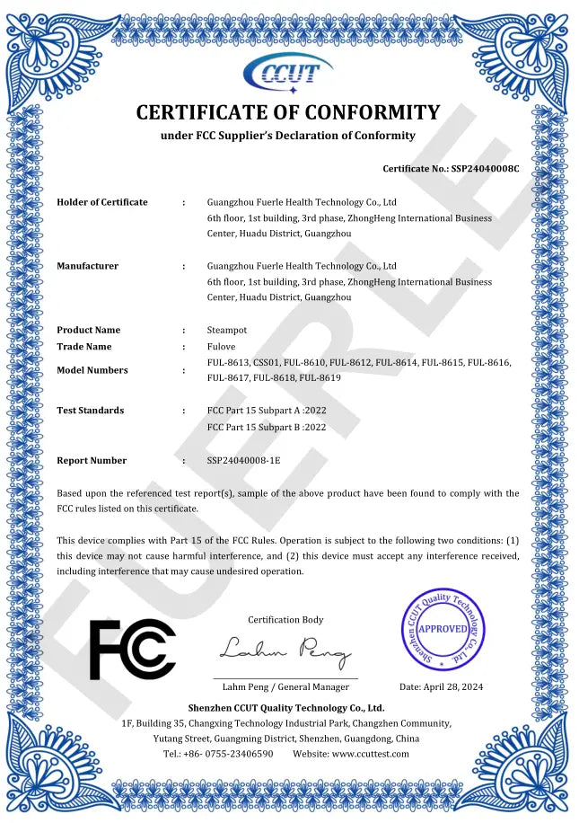 Fcc certificate of compliance for lucears Steam boile at home steam therapy