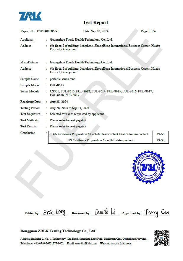 Lucears portable sauna tent passed the phthalate content test report