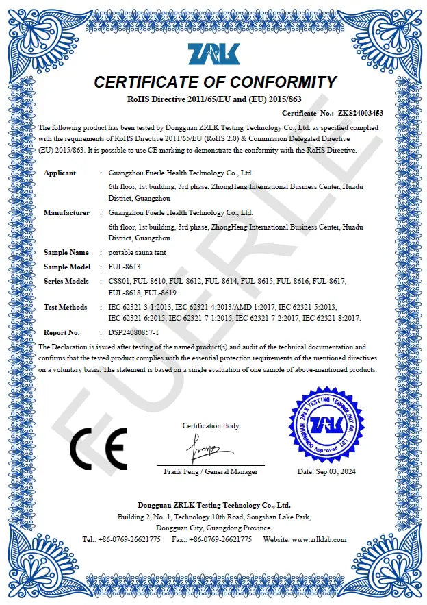 ROHS certificate of compliance fo lucears medical device for full body recovery and detox