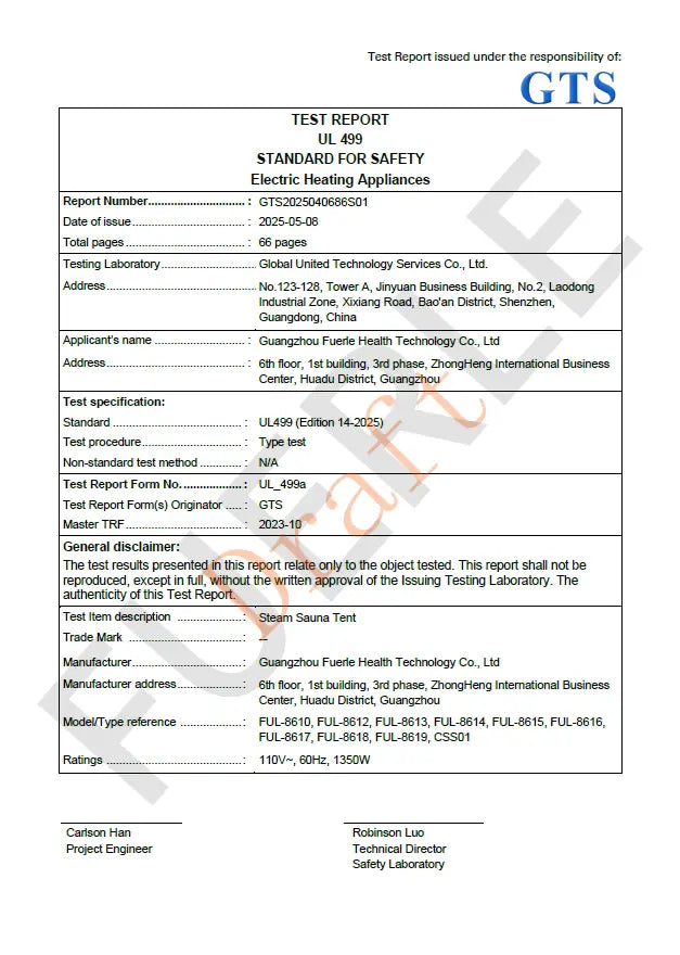 UL certificate of complianc fo lucears medical device for full body recovery and detox